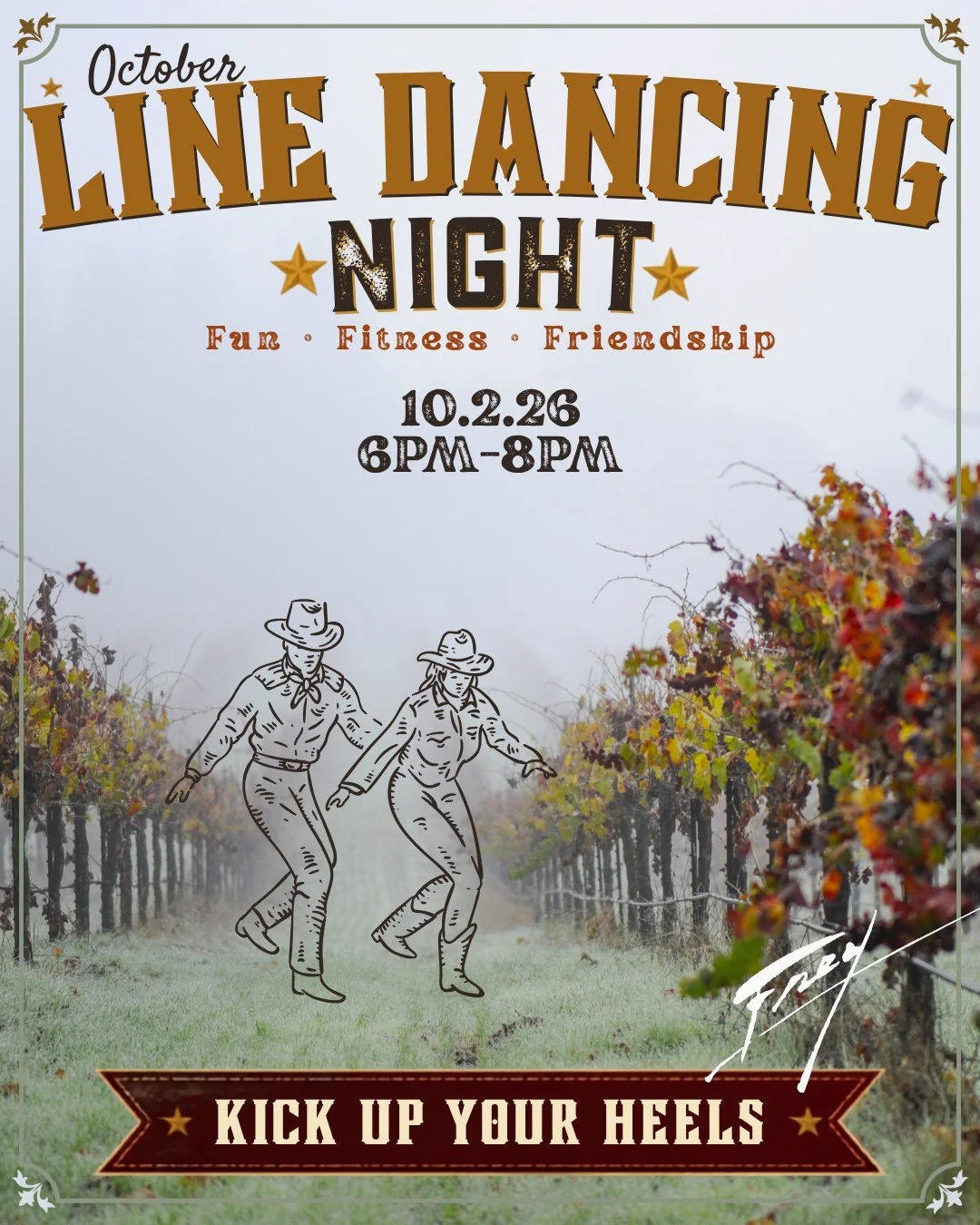 Join us for First Frey-Days Line Dancing! Delicias La Oaxaque&ntilde;a Food Truck will be there!

Line dance lessons and dance social with Rise &amp; Thrive at the Frey Vineyards Tasting Room. Family-friendly, no experience necessary. $10 cover. Wine