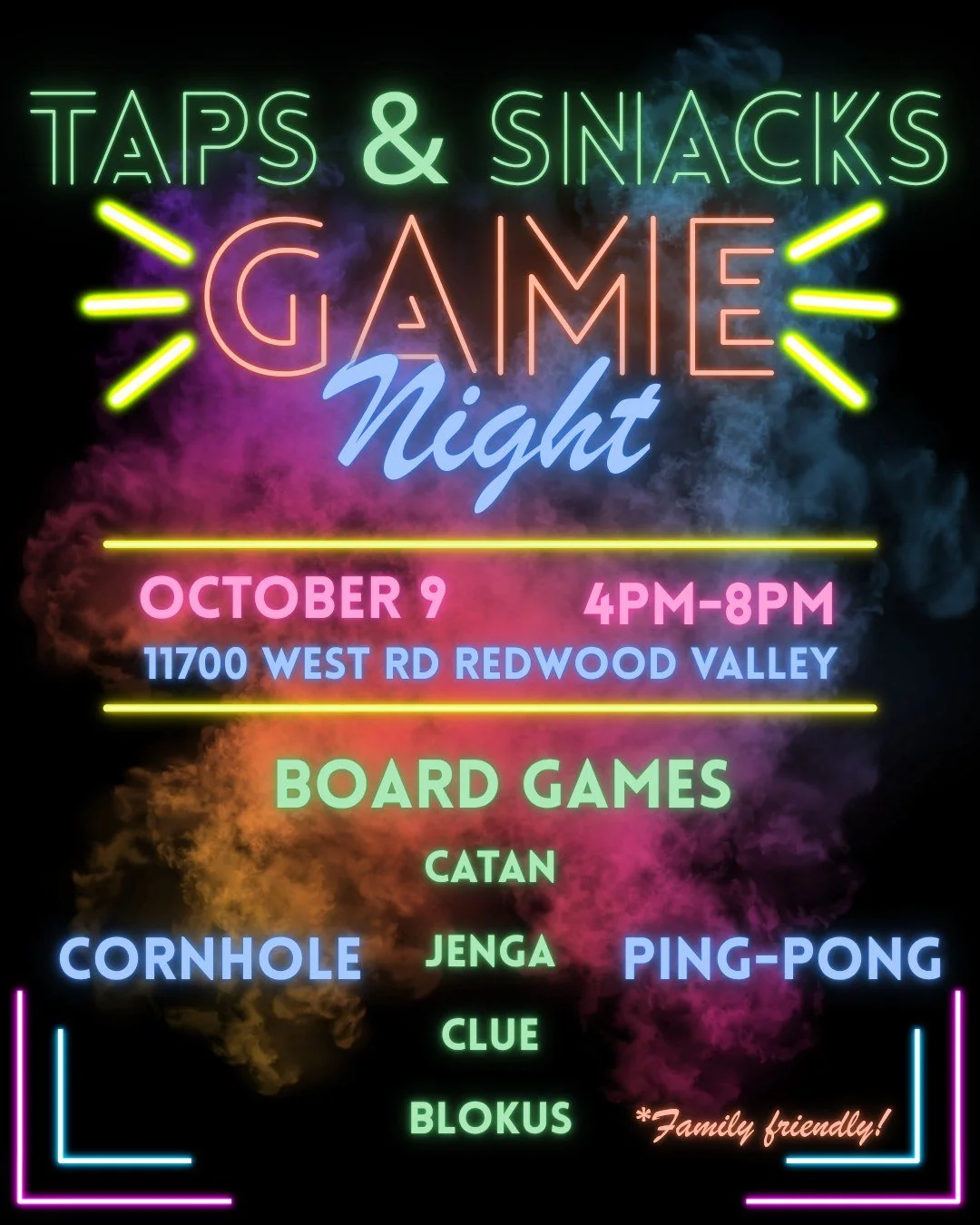 Join us for Taps &amp; Snacks Game Night, an evening of friendly competition, great wine, and good vibes! Challenge your friends and family to board games, ping pong, foosball, and more &mdash; we have plenty of games to keep everyone entertained!

T