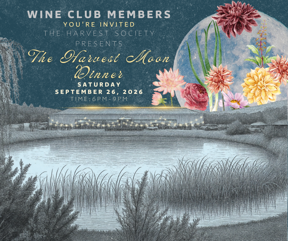 A poster showing a winery and a lake. With the event details written at the top.