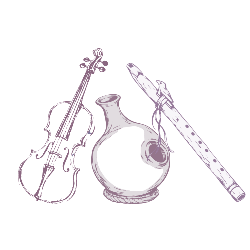 Illustration of a violin, a vase, and a flute.