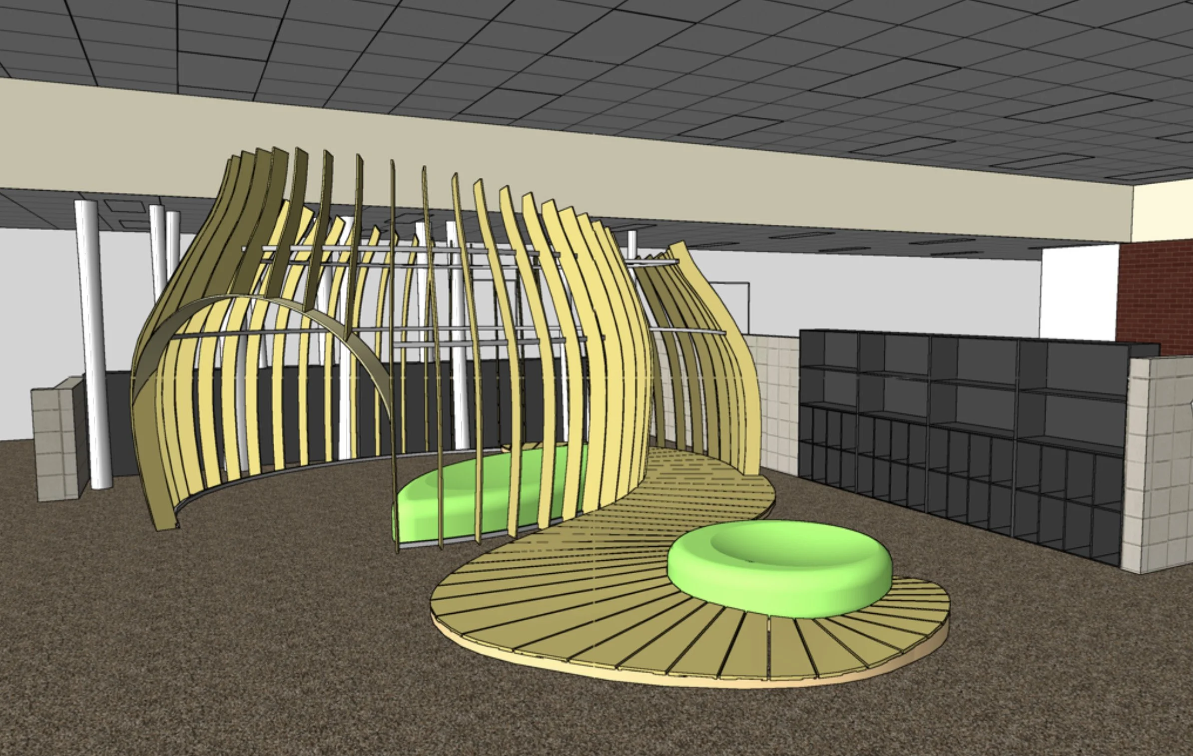 3D rendering of a modern indoor structure with curved wooden slats, a circular wooden walkway, and green circular seating areas, surrounded by shelves and a tiled wall.