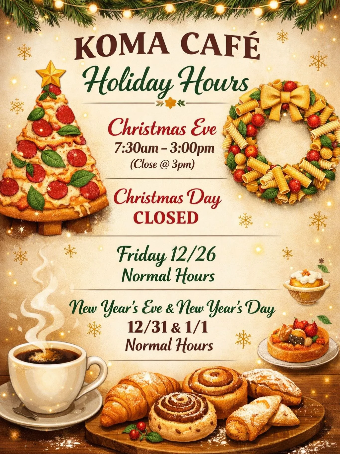 Holiday Hours For Koma Cafe! Come See Us Tonight For Pizza, Pasta, And Delicious Cocktails!
