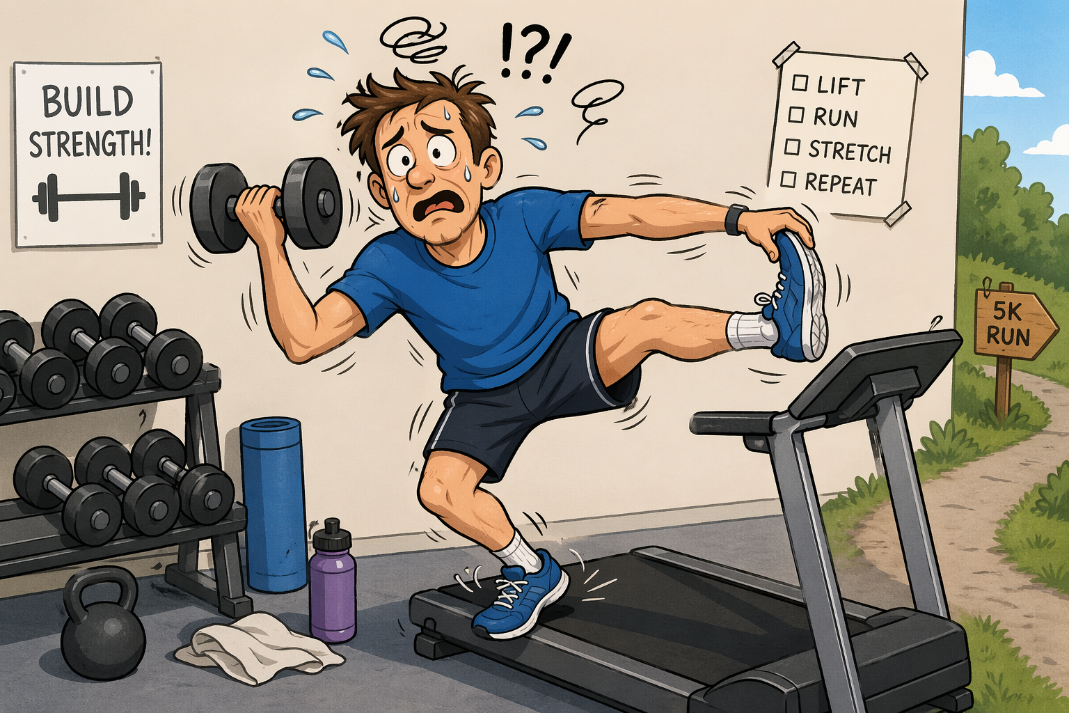 Cartoon of a middle aged man trying to lift weights, stretch and run on treadmill at the same time