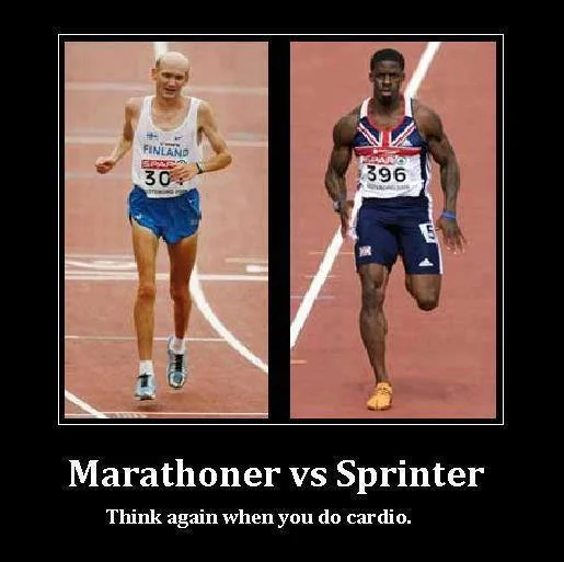 Meme comparing the physique of a sprinter and marathon runner saying "think again when you do cardio".