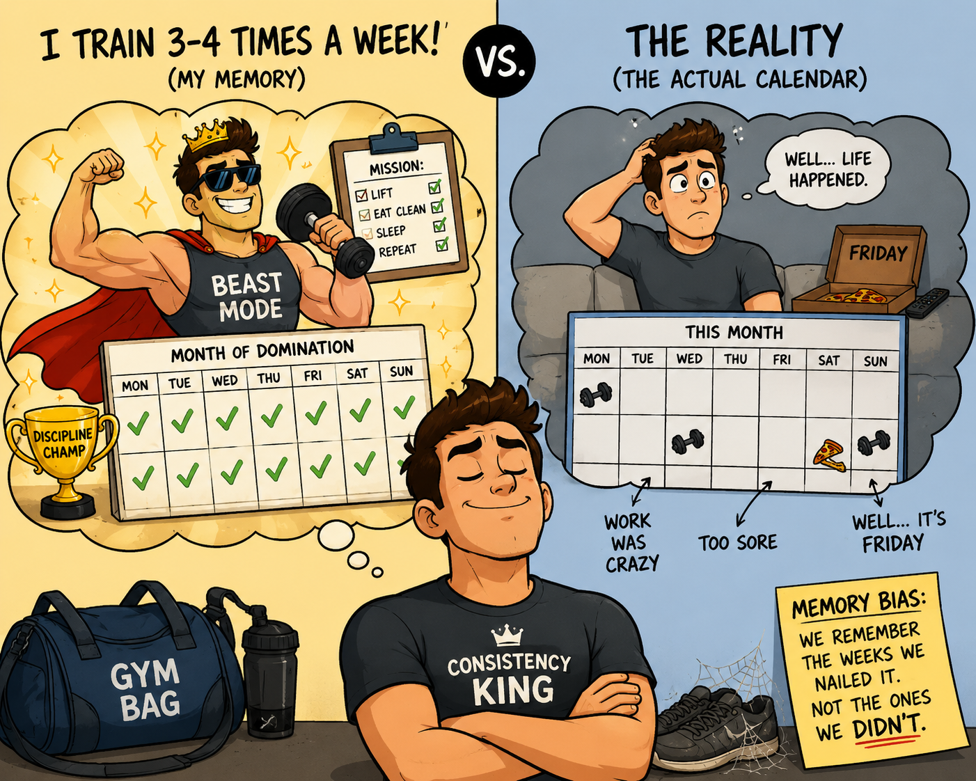 Picture of a man reflecting on his workout consistency. Left side shows his idealised image of training 4 x per week. The right shows the reality of work deadlines and life preventing him from going.