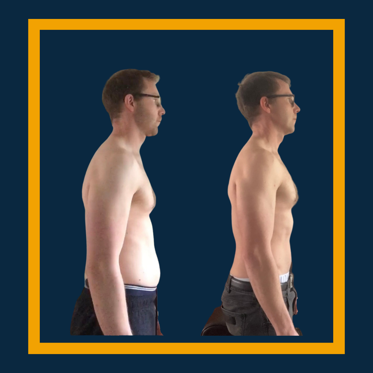 Comparison photo of Niall. Left side shows an extended posture. Right side shows a better stack after a few months of training.