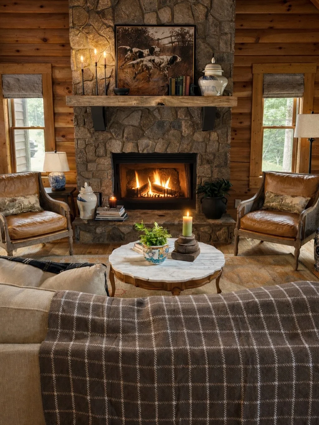 Loved doing this one- the pillows in the leather chairs are a hunting scene❤️ #interiordesign #interiordesigner #livingroom #logcabin #mountaincabin