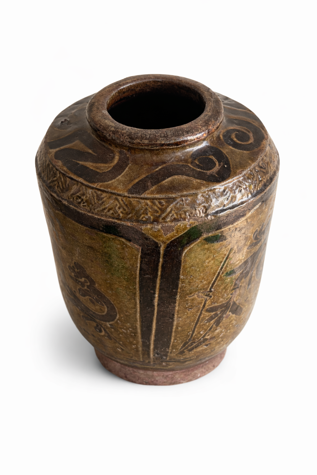 Antique ceramic jar with intricate design.png