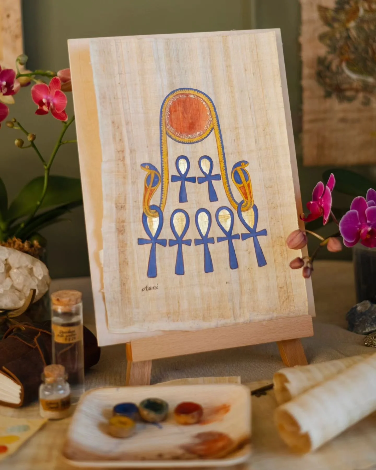 I'm excited to offer my interpretation of the 7 keys. The original carving is located in Karnak Temple Complex and I was invited to place my forehead at the centre of the 7 ankhs. It really was a magnificent experience. 

Features: 
𓆸 A4 size Papyru