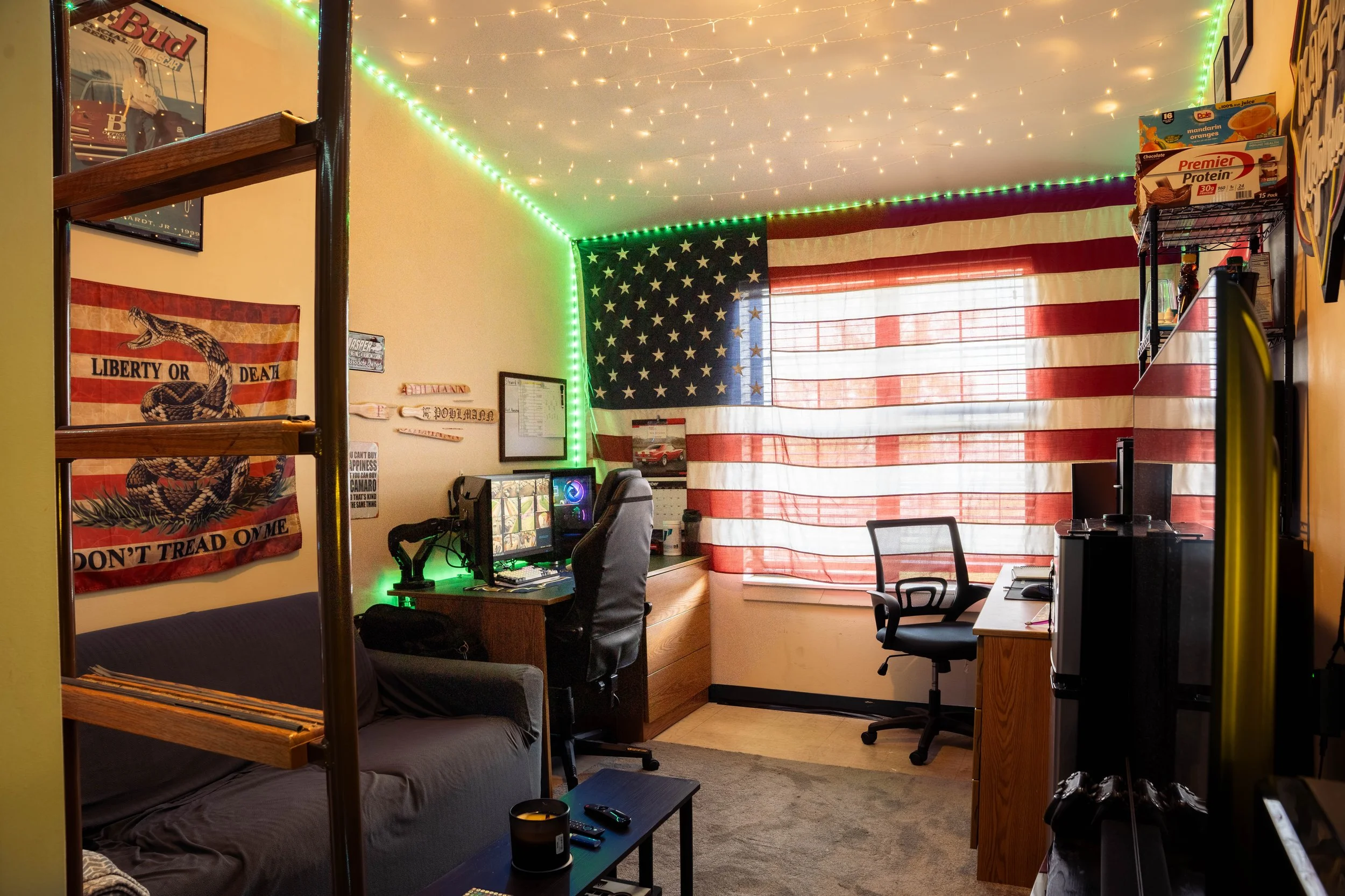 Old Edition contains communal style living arrangements with 2-4 men to a room.  The room contains 2 lofted beds, a desk, a walk-in closet, and a couch.