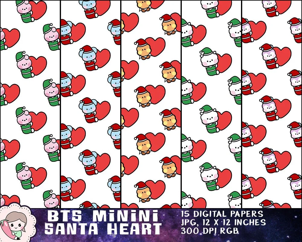 BTS Minini Christmas Printables, BTS Purple Heart, Bangtan Holiday Santa Heart, BTS Christmas Clipart, Instant Download. Print on mug, tumbler, shirt, stationery, gift