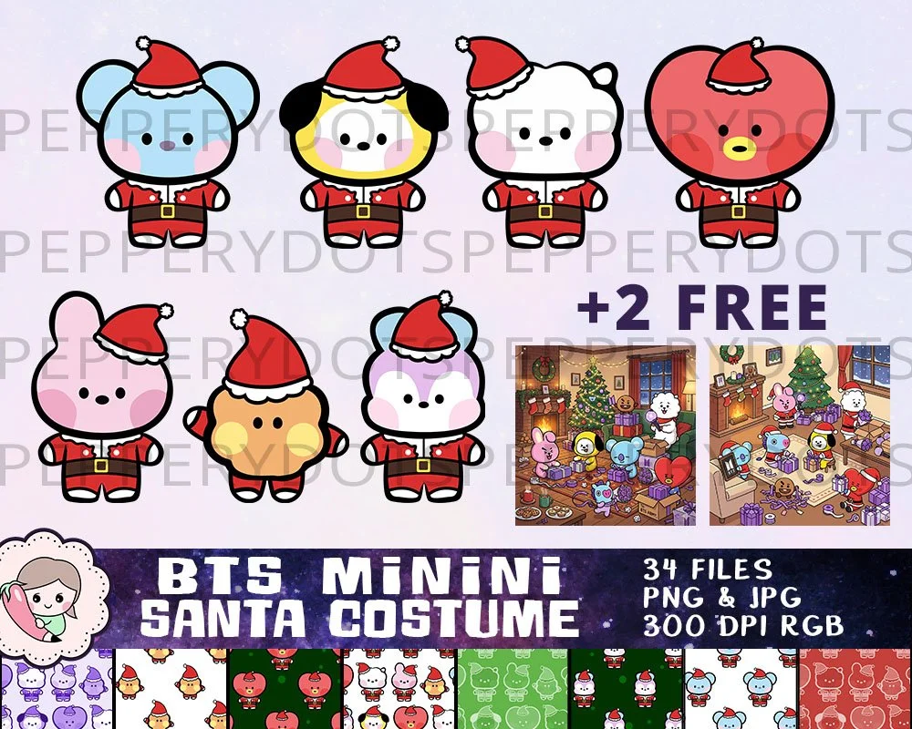 BTS Santa Costume Clipart, BTS Minini Christmas Printables, Bangtan Holiday Designs, BTS Xmas Images, Instant Download. Print on shirt, mug, sticker, gift