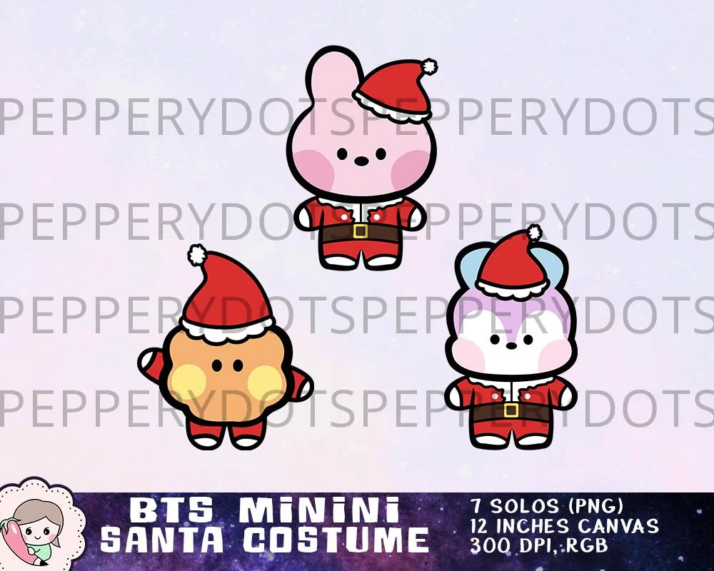 BTS Santa Costume Clipart, BTS Minini Christmas Printables, Bangtan Holiday Designs, BTS Xmas Images, Instant Download. Print on shirt, mug, sticker, gift