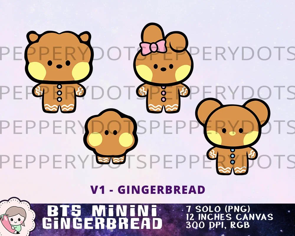 BTS Minini Christmas Printables, Bangtan Christmas Clipart, Gingerbread Art, Holiday Candy Designs, Instant Download. Print on shirt, mug, gift, stationery