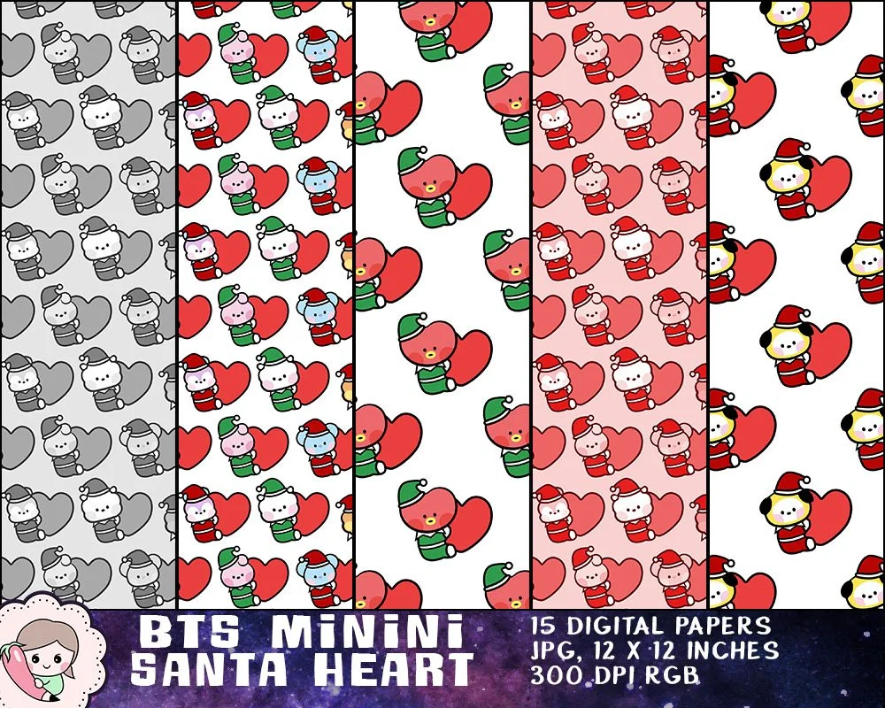 BTS Minini Christmas Printables, BTS Purple Heart, Bangtan Holiday Santa Heart, BTS Christmas Clipart, Instant Download. Print on mug, tumbler, shirt, stationery, gift