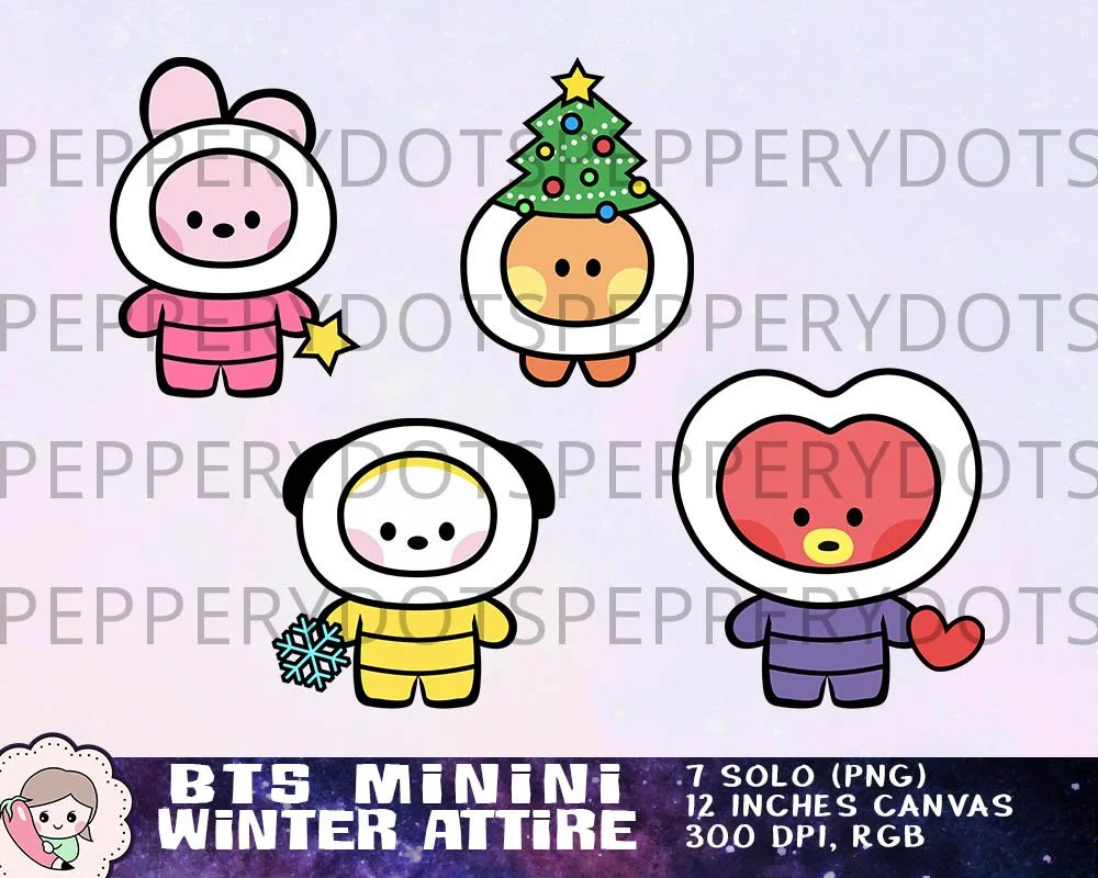 BTS Minini Winter Attire Printables, BTS Christmas Clipart, Bangtan Xmas Designs, BTS Digital Papers, Instant Download. Print on shirt, sticker, mug, gift