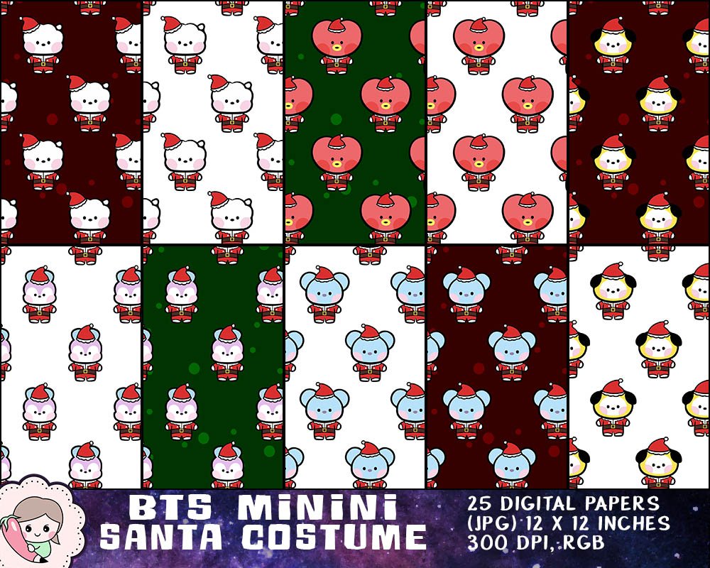 BTS Santa Costume Clipart, BTS Minini Christmas Printables, Bangtan Holiday Designs, BTS Xmas Images, Instant Download. Print on shirt, mug, sticker, gift