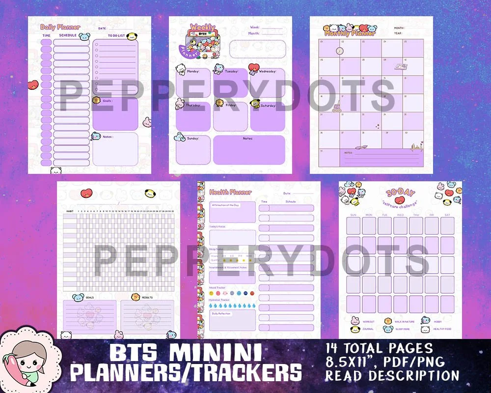 BTS Minini Planner PDF, BTS Mascot Tracker PNG, BTS Journal Planner Bundle, BTS Purple Planner PDF, Digital Download Printable