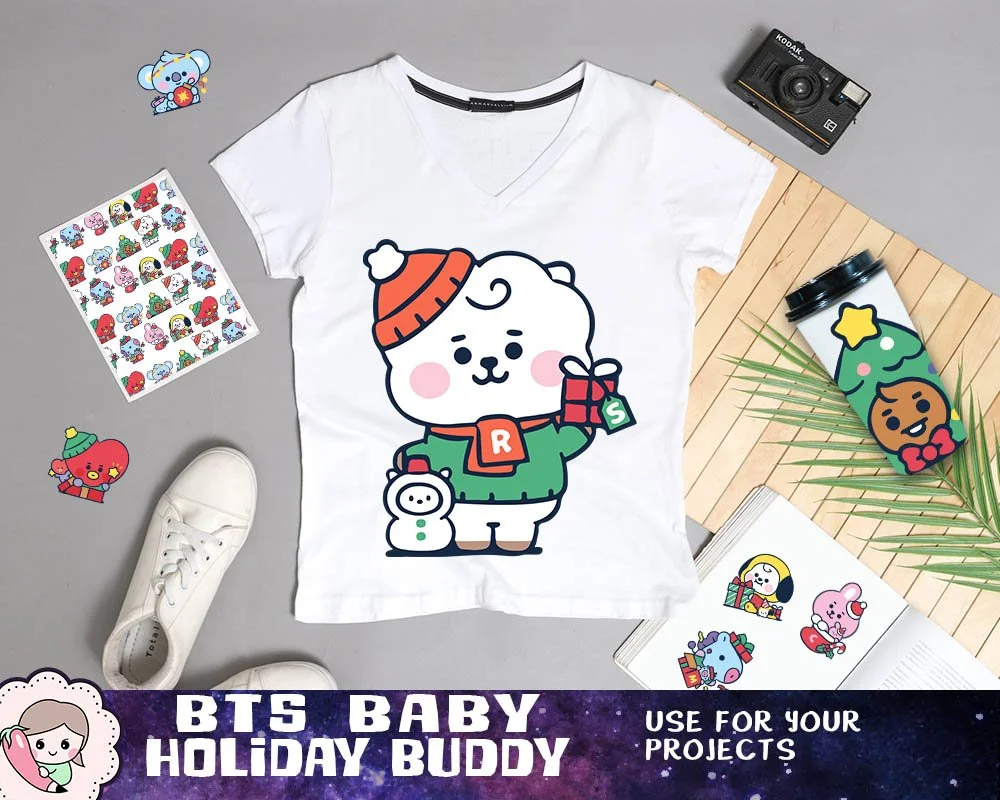 BTS Mascot Baby Holiday Buddy Art, BTS Christmas Printables, Bangtan Xmas Designs, BTS Winter Images, Instant Download Clipart. Print on shirt, mug, stationery, gift