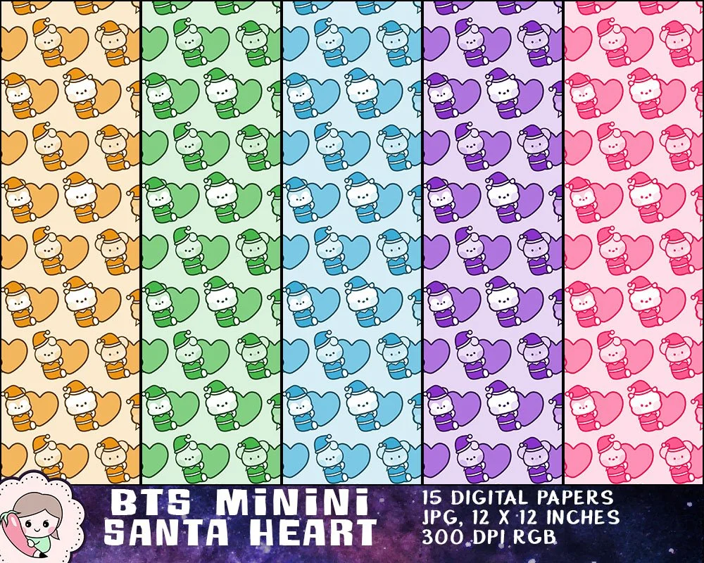 BTS Minini Christmas Printables, BTS Purple Heart, Bangtan Holiday Santa Heart, BTS Christmas Clipart, Instant Download. Print on mug, tumbler, shirt, stationery, gift