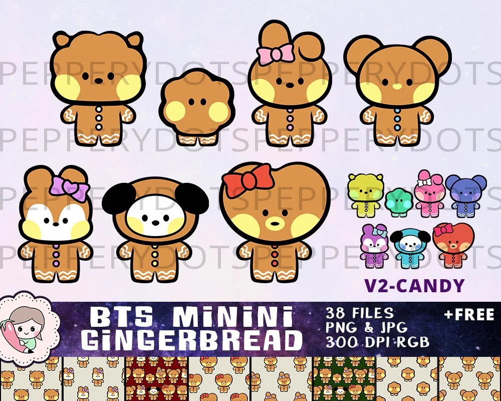 BTS Minini Christmas Printables, Bangtan Christmas Clipart, Gingerbread Art, Holiday Candy Designs, Instant Download. Print on shirt, mug, gift, stationery