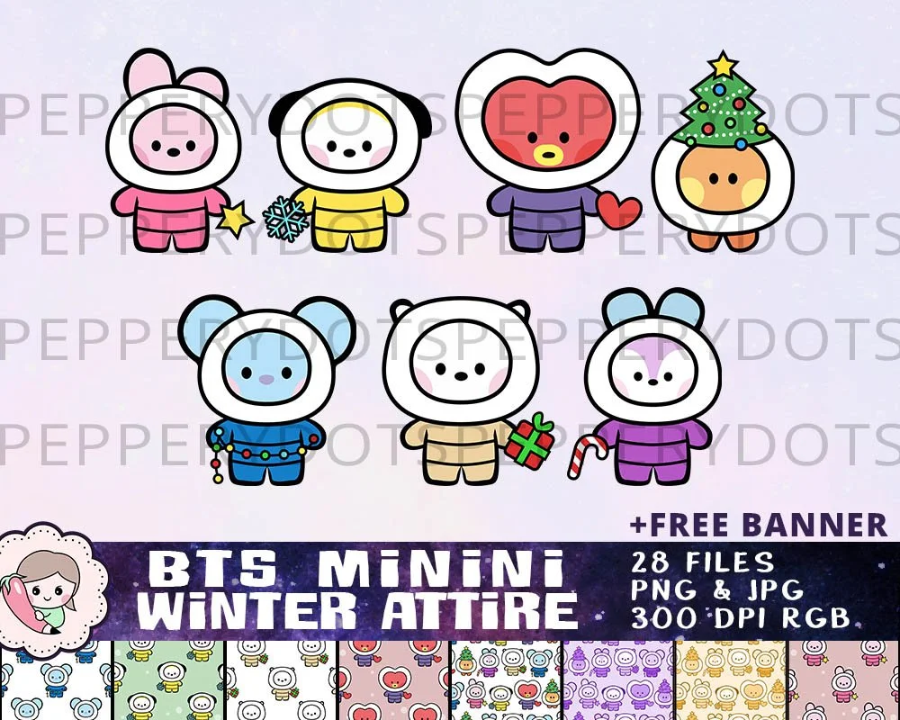 BTS Minini Winter Attire Printables, BTS Christmas Clipart, Bangtan Xmas Designs, BTS Digital Papers, Instant Download. Print on shirt, sticker, mug, gift