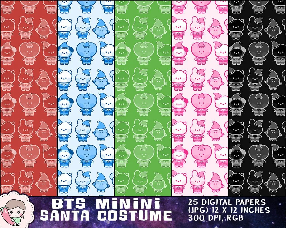 BTS Santa Costume Clipart, BTS Minini Christmas Printables, Bangtan Holiday Designs, BTS Xmas Images, Instant Download. Print on shirt, mug, sticker, gift