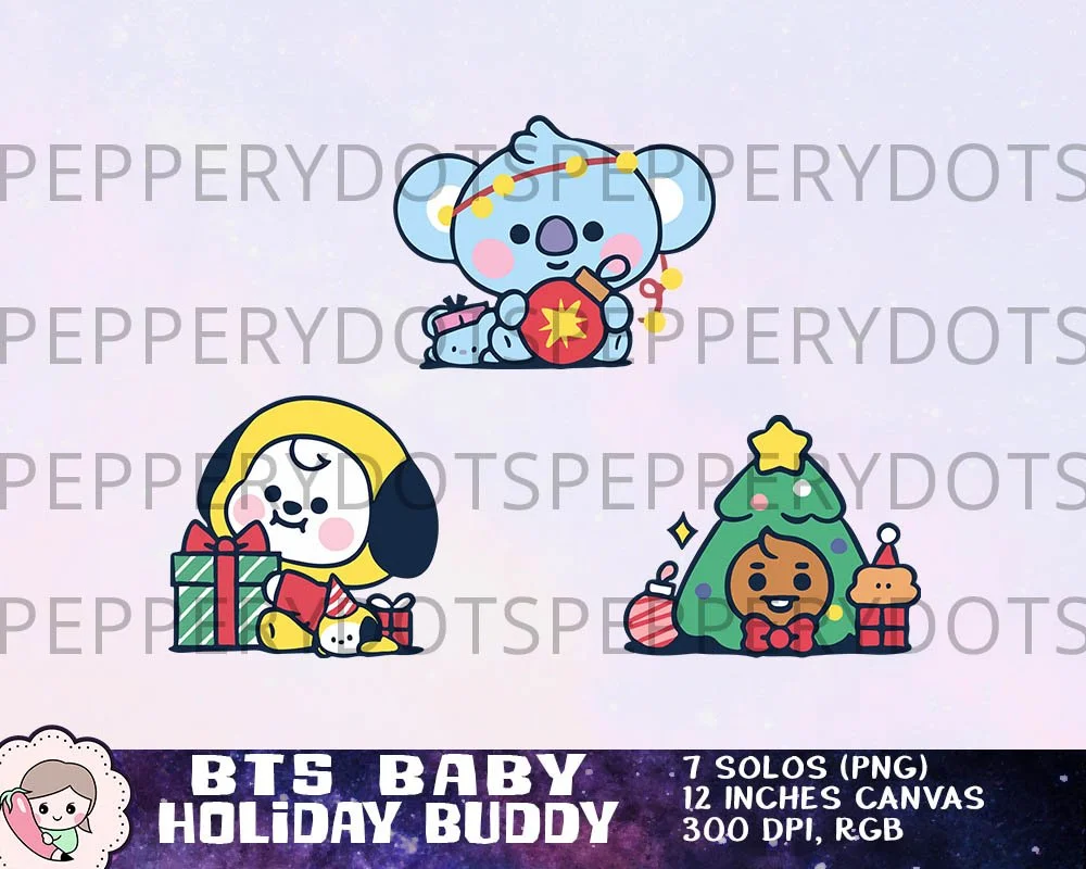 BTS Mascot Baby Holiday Buddy Art, BTS Christmas Printables, Bangtan Xmas Designs, BTS Winter Images, Instant Download Clipart. Print on shirt, mug, stationery, gift