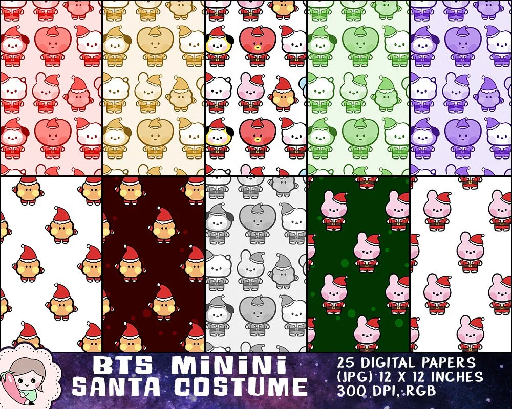 BTS Santa Costume Clipart, BTS Minini Christmas Printables, Bangtan Holiday Designs, BTS Xmas Images, Instant Download. Print on shirt, mug, sticker, gift