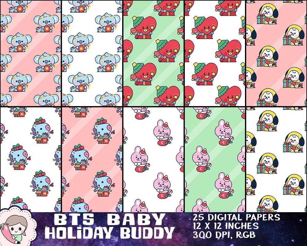 BTS Mascot Baby Holiday Buddy Art, BTS Christmas Printables, Bangtan Xmas Designs, BTS Winter Images, Instant Download Clipart. Print on shirt, mug, stationery, gift