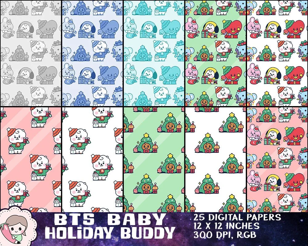 BTS Mascot Baby Holiday Buddy Art, BTS Christmas Printables, Bangtan Xmas Designs, BTS Winter Images, Instant Download Clipart. Print on shirt, mug, stationery, gift
