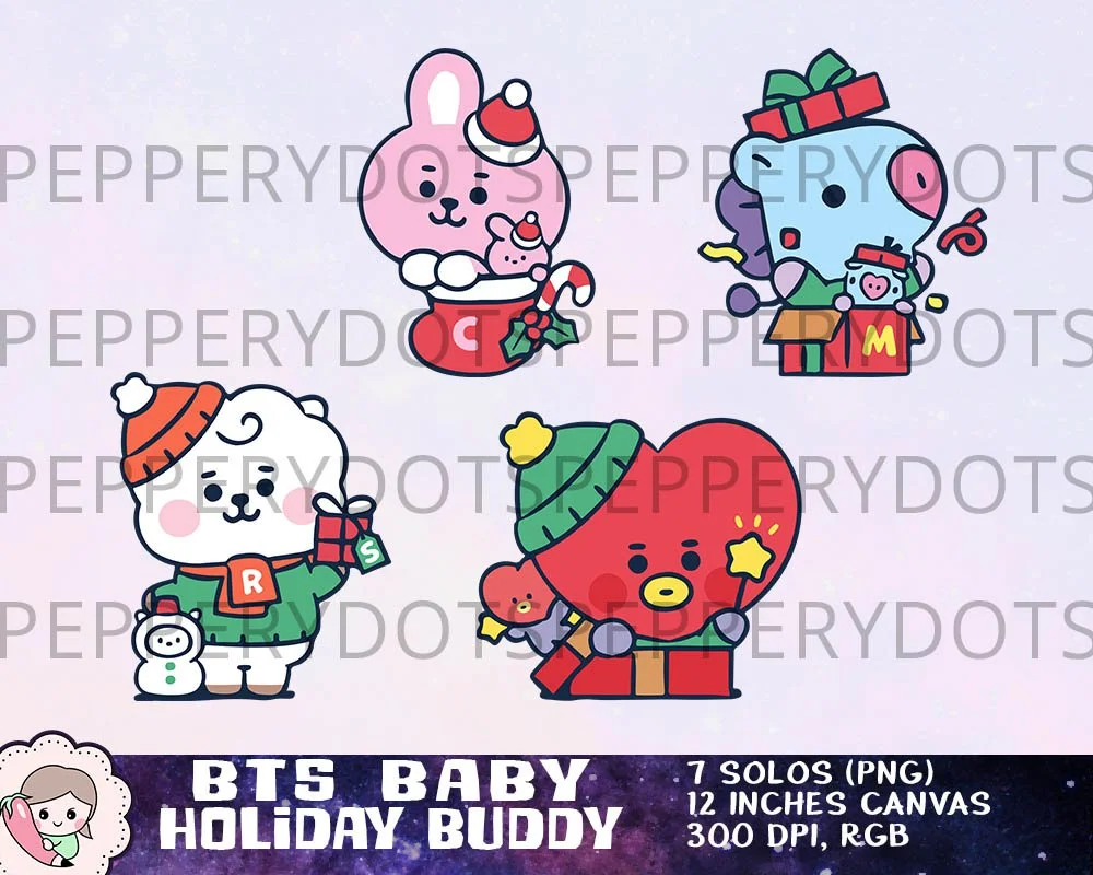BTS Mascot Baby Holiday Buddy Art, BTS Christmas Printables, Bangtan Xmas Designs, BTS Winter Images, Instant Download Clipart. Print on shirt, mug, stationery, gift