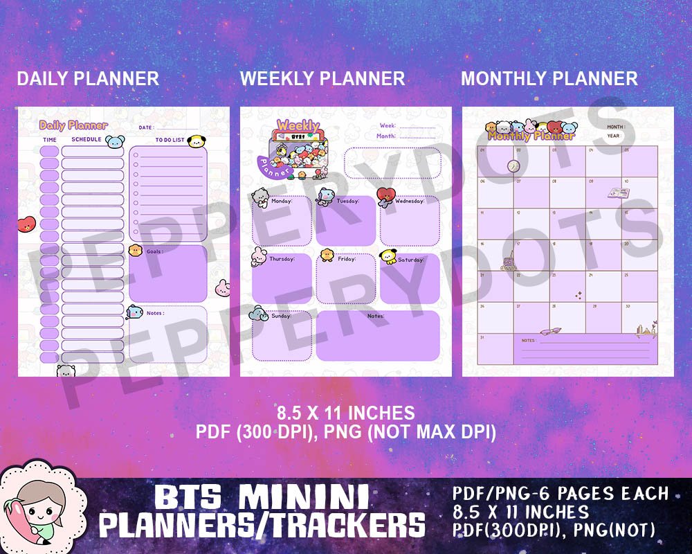 BTS Minini Planner PDF, BTS Mascot Tracker PNG, BTS Journal Planner Bundle, BTS Purple Planner PDF, Digital Download Printable