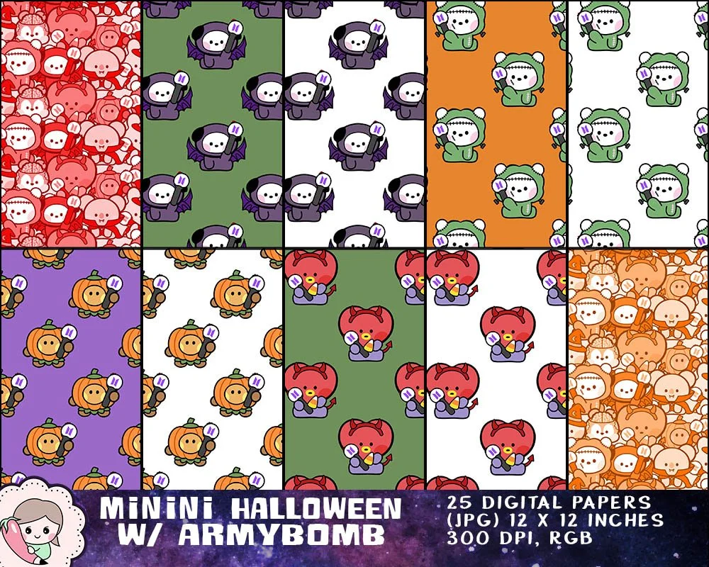 BTS Halloween Art, Cute BTS Spooky Costume, BTS Sticker Printables, Digital Download, Bangtan Lightstick Art, Armybomb Art
