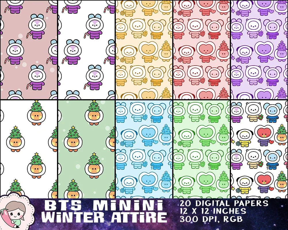 BTS Minini Winter Attire Printables, BTS Christmas Clipart, Bangtan Xmas Designs, BTS Digital Papers, Instant Download. Print on shirt, sticker, mug, gift