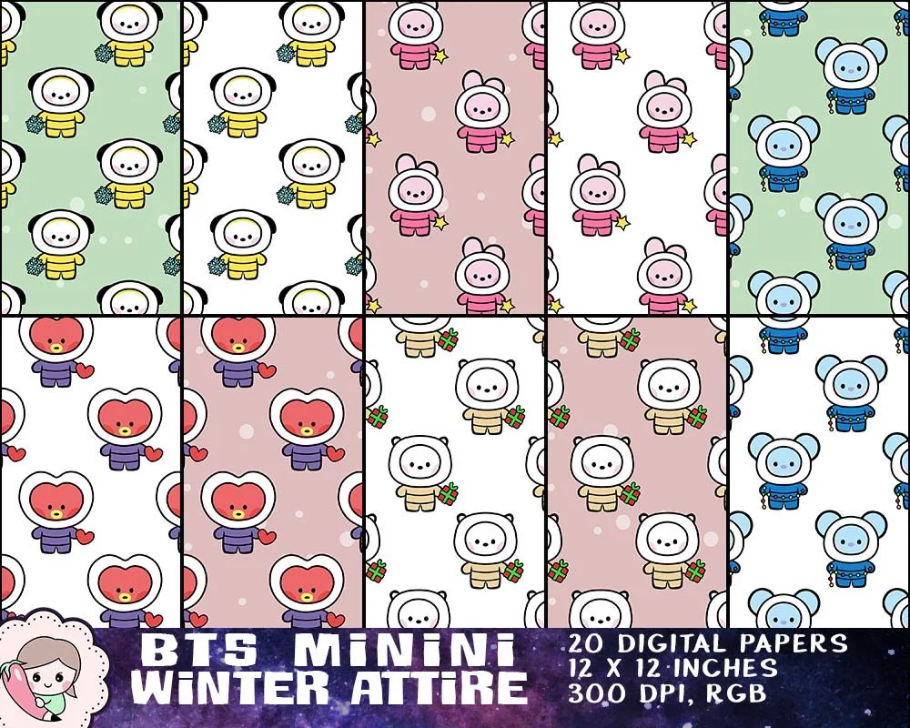 BTS Minini Winter Attire Printables, BTS Christmas Clipart, Bangtan Xmas Designs, BTS Digital Papers, Instant Download. Print on shirt, sticker, mug, gift