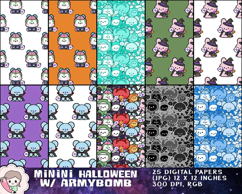 BTS Halloween Art, Cute BTS Spooky Costume, BTS Sticker Printables, Digital Download, Bangtan Lightstick Art, Armybomb Art
