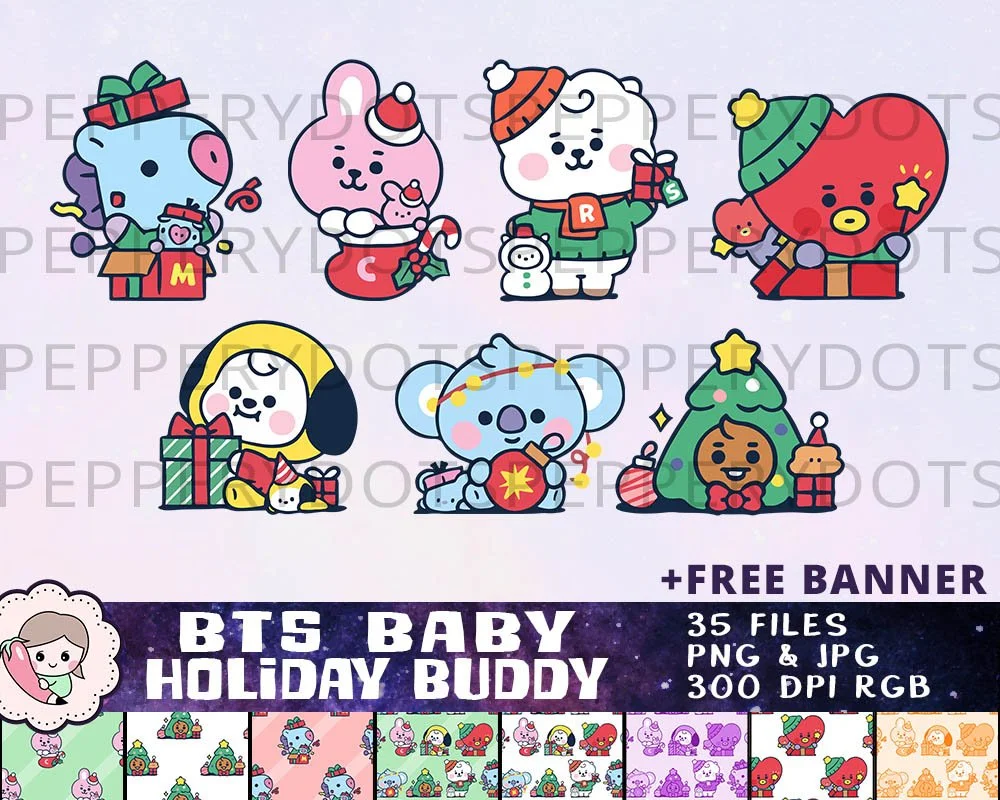 BTS Mascot Baby Holiday Buddy Art, BTS Christmas Printables, Bangtan Xmas Designs, BTS Winter Images, Instant Download Clipart. Print on shirt, mug, stationery, gift