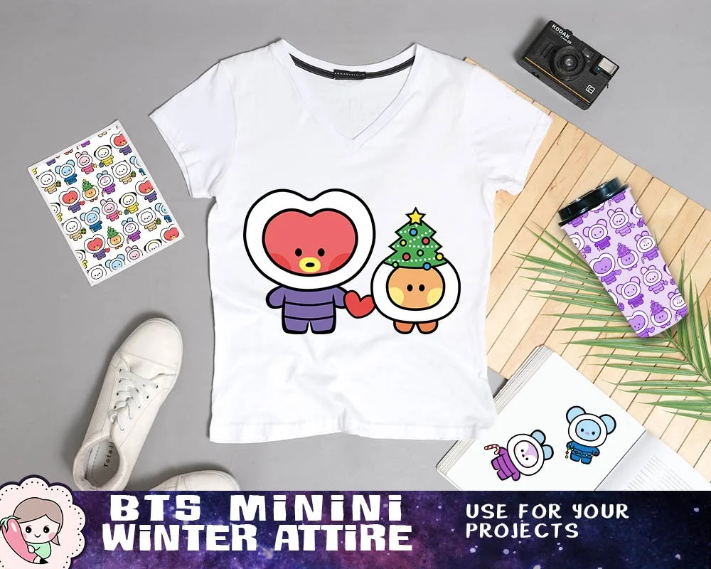 BTS Minini Winter Attire Printables, BTS Christmas Clipart, Bangtan Xmas Designs, BTS Digital Papers, Instant Download. Print on shirt, sticker, mug, gift