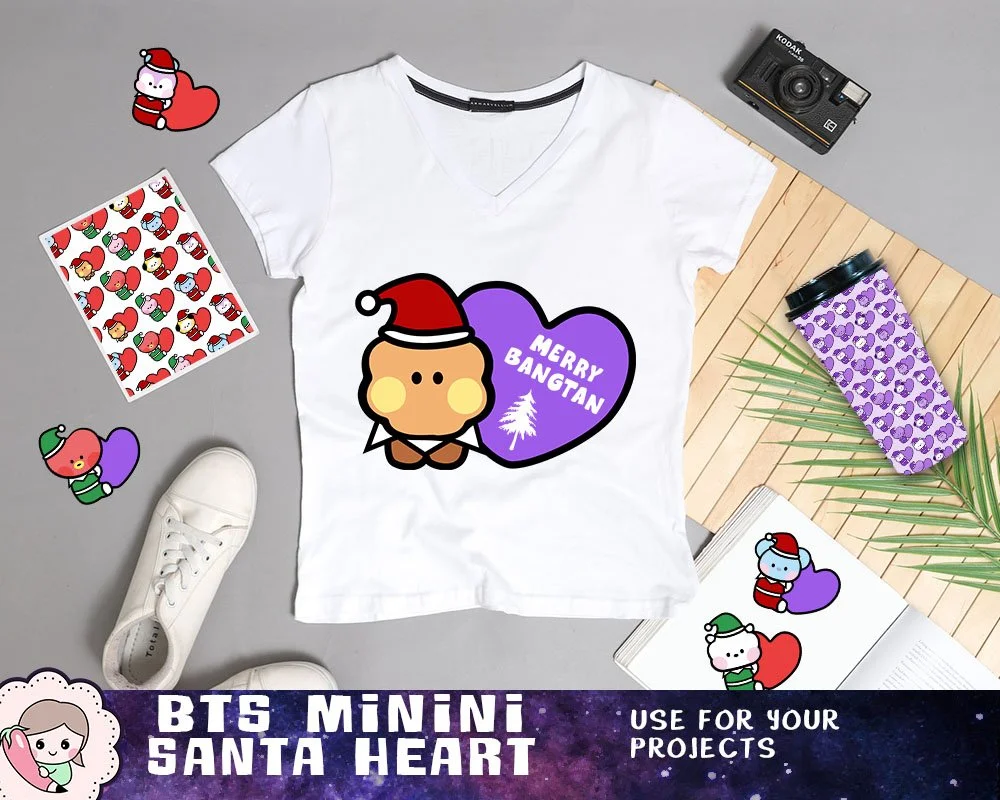 BTS Minini Christmas Printables, BTS Purple Heart, Bangtan Holiday Santa Heart, BTS Christmas Clipart, Instant Download. Print on mug, tumbler, shirt, stationery, gift