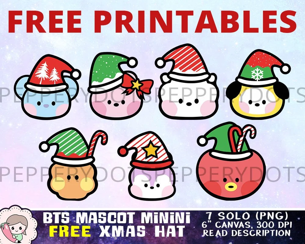 BTS Minini Xmas Hat Clipart, BTS Holiday Designs, Cute Bangtan Santa Art, Christmas Printables, Instant Download. Print on mug, shirt, sticker, tag