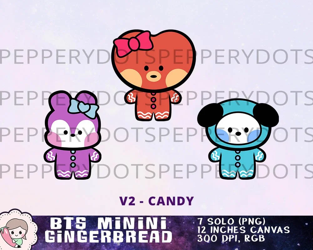 BTS Minini Christmas Printables, Bangtan Christmas Clipart, Gingerbread Art, Holiday Candy Designs, Instant Download. Print on shirt, mug, gift, stationery
