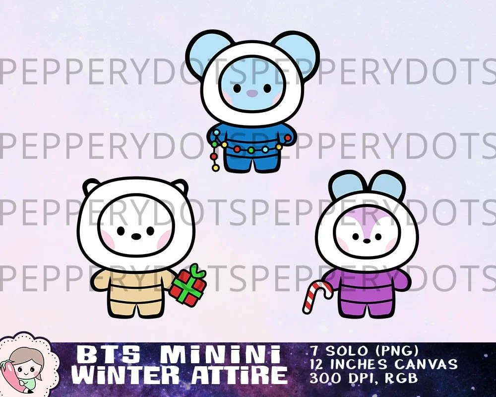 BTS Minini Winter Attire Printables, BTS Christmas Clipart, Bangtan Xmas Designs, BTS Digital Papers, Instant Download. Print on shirt, sticker, mug, gift