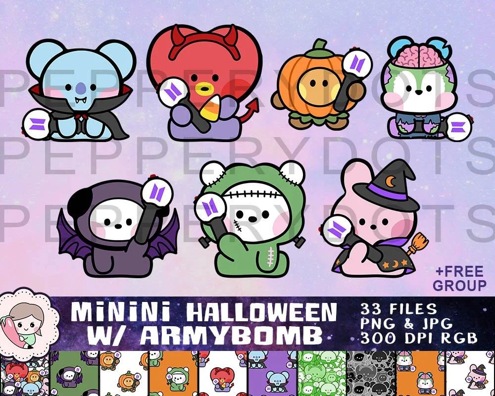 BTS Halloween Art, Cute BTS Spooky Costume, BTS Sticker Printables, Digital Download, Bangtan Lightstick Art, Armybomb Art