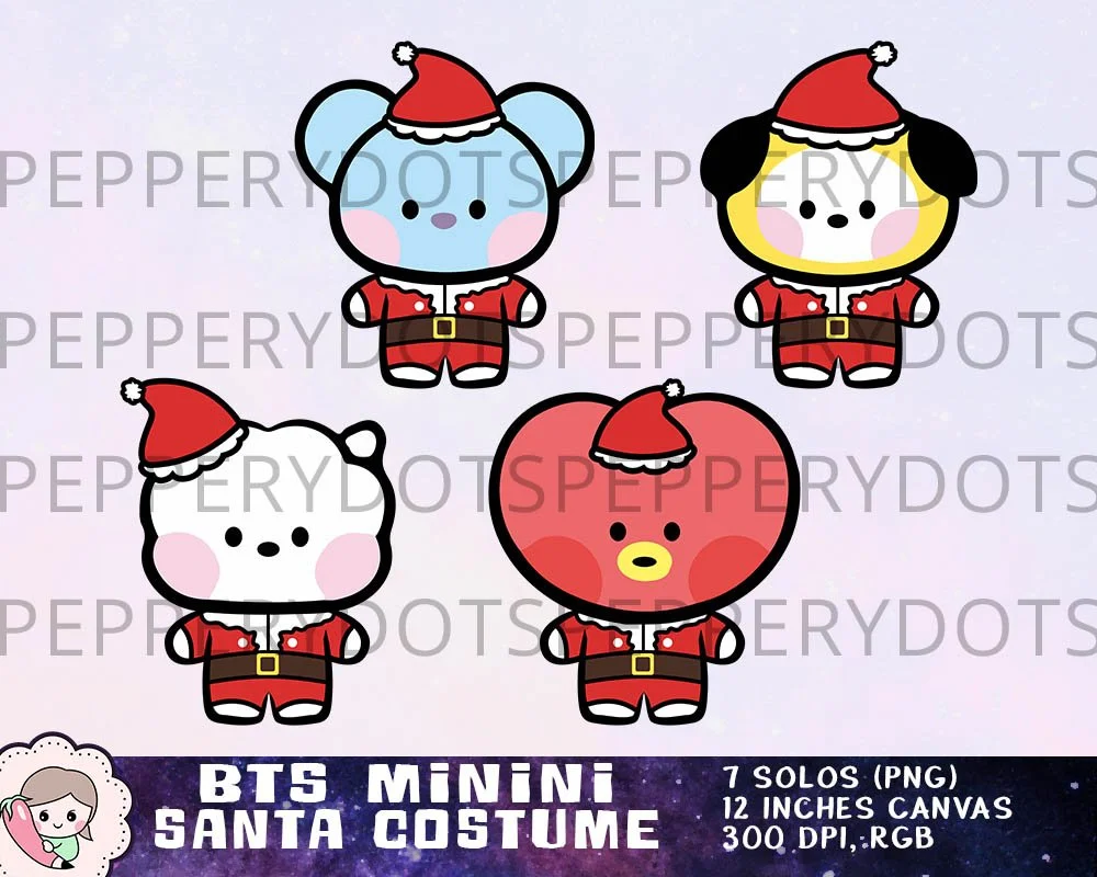 BTS Santa Costume Clipart, BTS Minini Christmas Printables, Bangtan Holiday Designs, BTS Xmas Images, Instant Download. Print on shirt, mug, sticker, gift