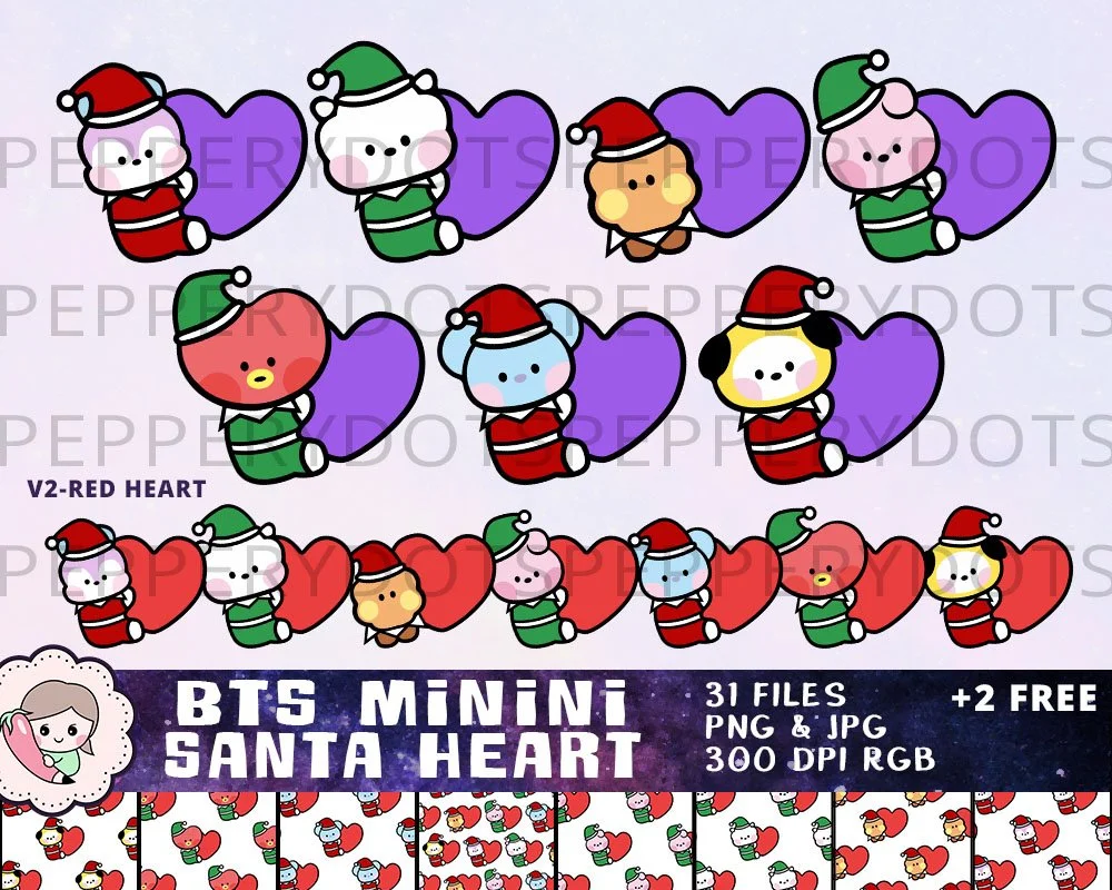 BTS Minini Christmas Printables, BTS Purple Heart, Bangtan Holiday Santa Heart, BTS Christmas Clipart, Instant Download. Print on mug, tumbler, shirt, stationery, gift