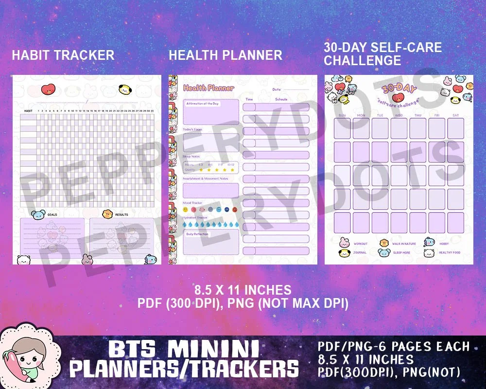 BTS Minini Planner PDF, BTS Mascot Tracker PNG, BTS Journal Planner Bundle, BTS Purple Planner PDF, Digital Download Printable