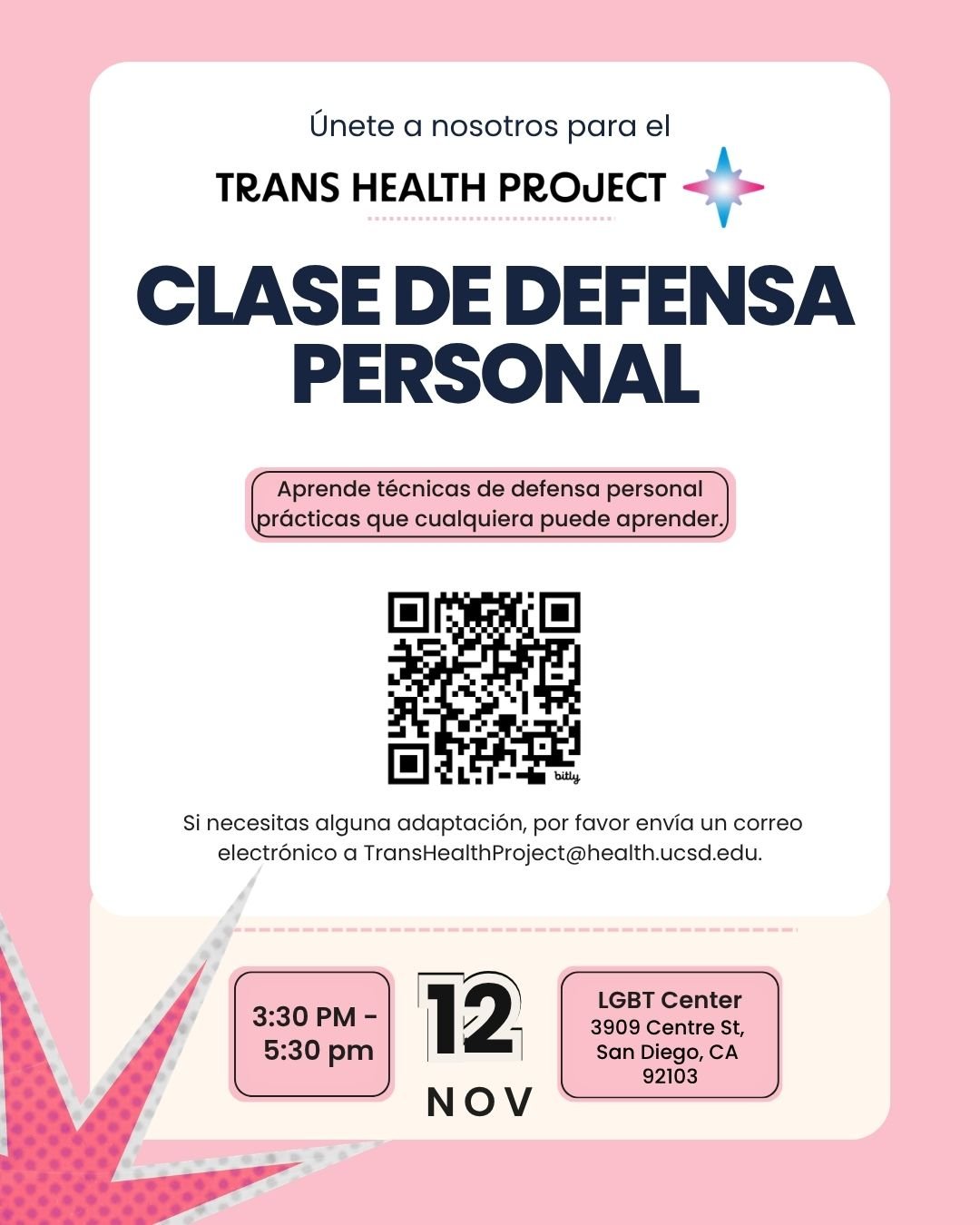 Join the Trans Health Project (THP) for a free, in-person, self-defense workshop on Thursday, November 12th at the San Diego LGBT Center! This workshop is a space for Black and Latina trans women to learn practical self-defense skills in a supportive