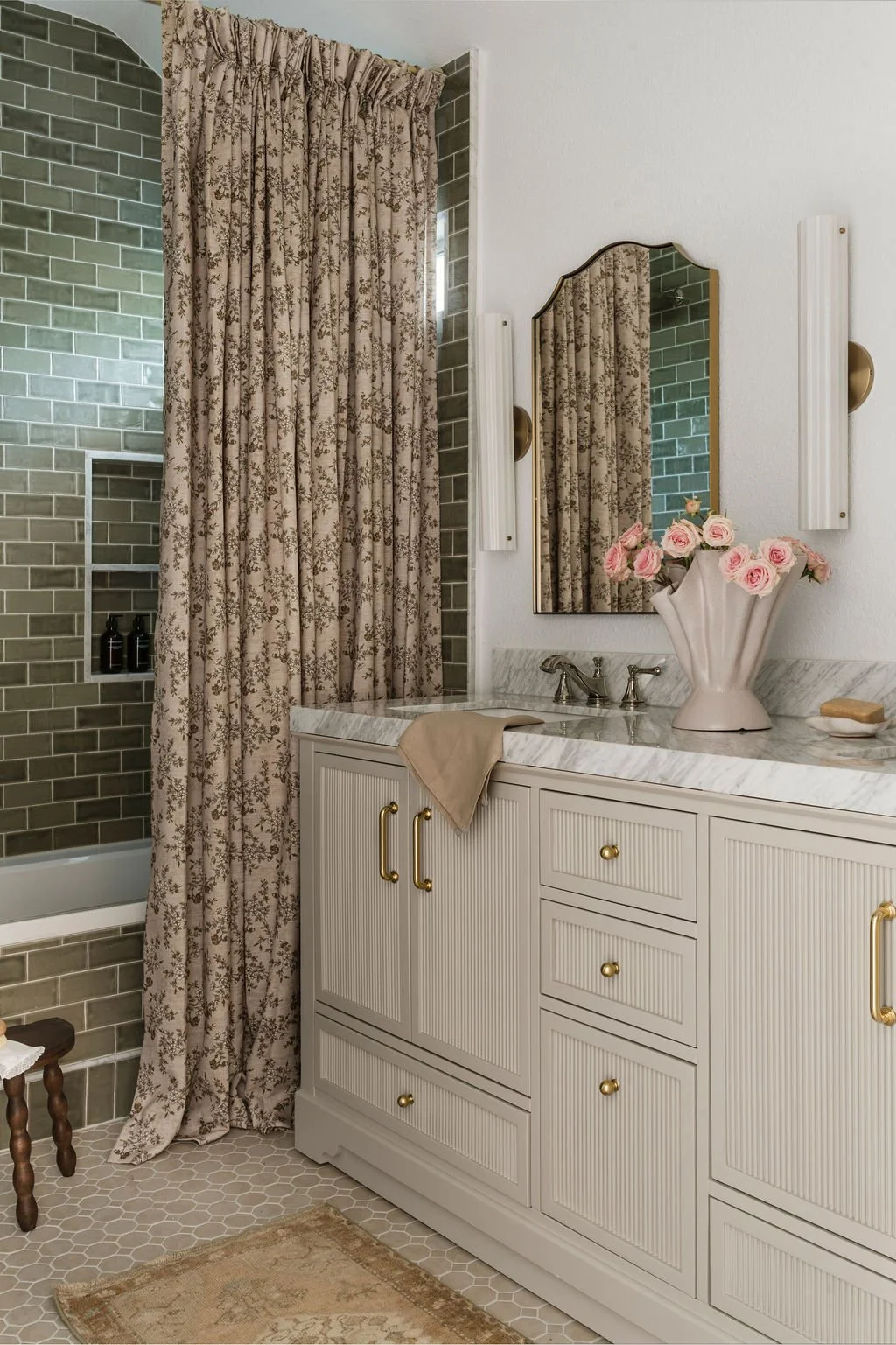 Floral Linen Shower Curtain. Primary Bathroom Remodel South Austin by Iris & Ivy Interiors.
