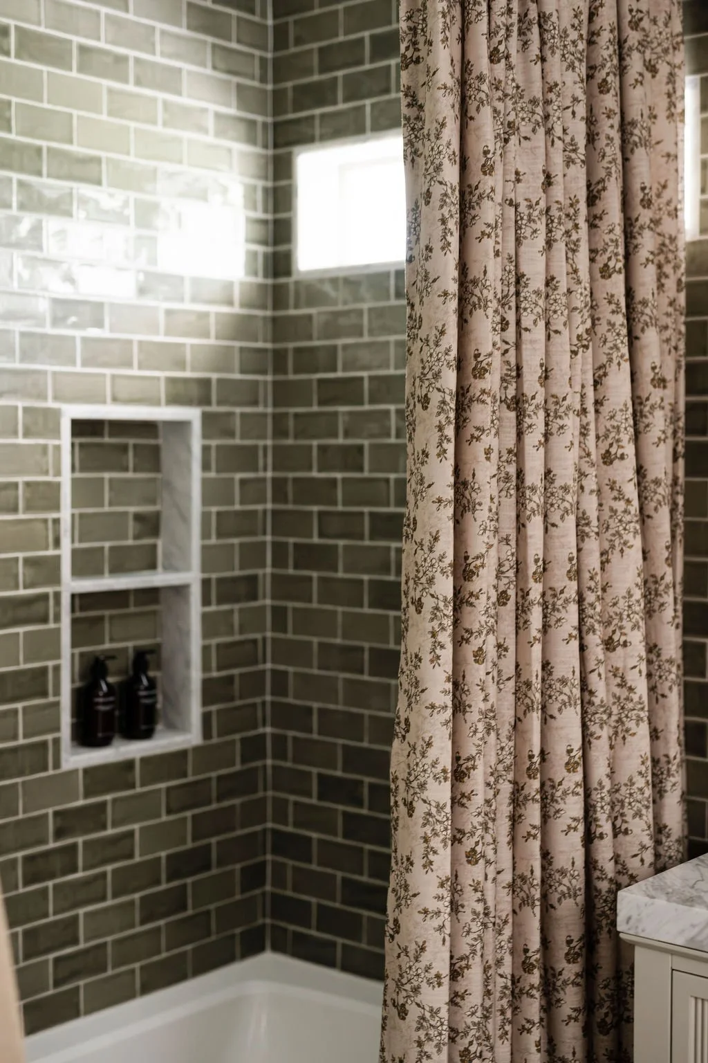 Floral Linen Shower Curtain. Primary Bathroom Remodel South Austin by Iris & Ivy Interiors.